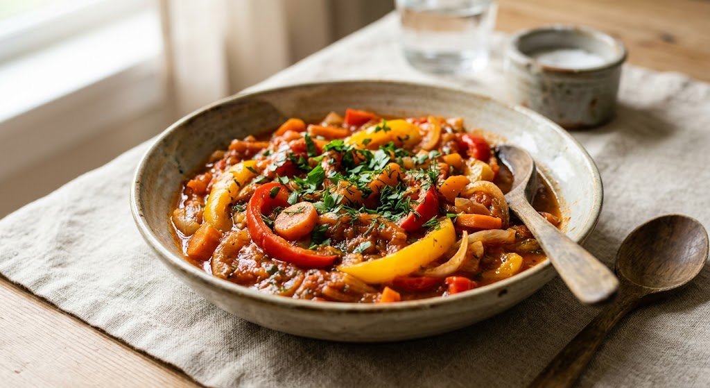 Tender bell peppers simmered with tomato and herbs