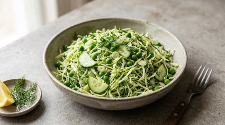 Cabbage and Pea Salad with Cucumber and Dill 2 image of cabbage and pea salad with cucumber and fresh dill
