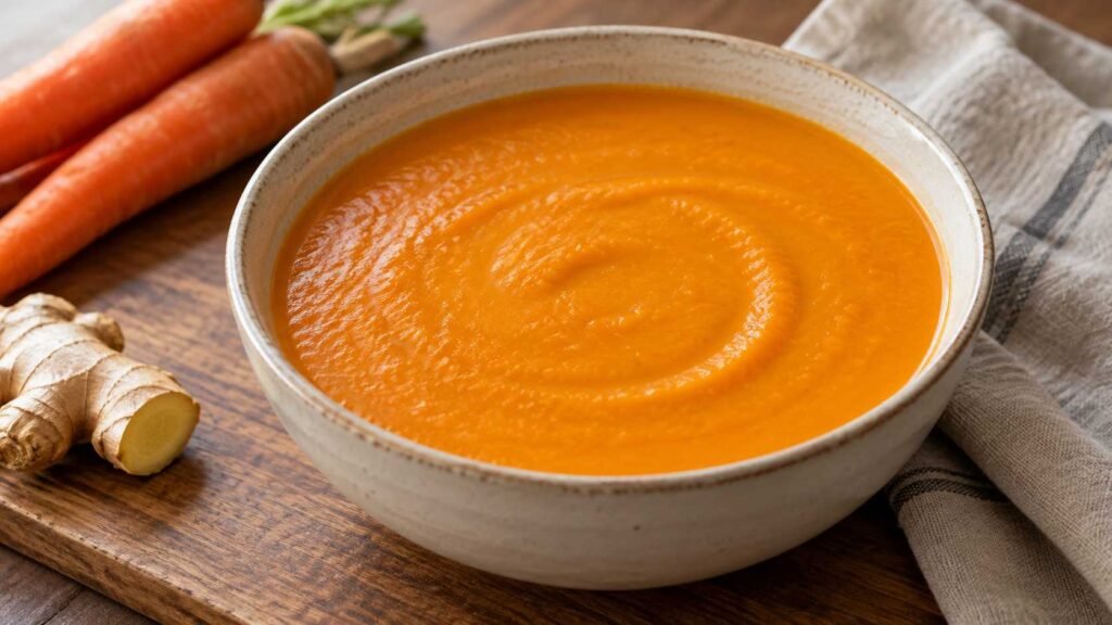 Smooth orange carrot ginger soup with a velvety coconut milk texture