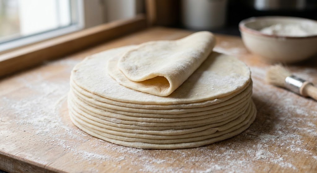 Thin rested dough rounds ready for crisp chebureks