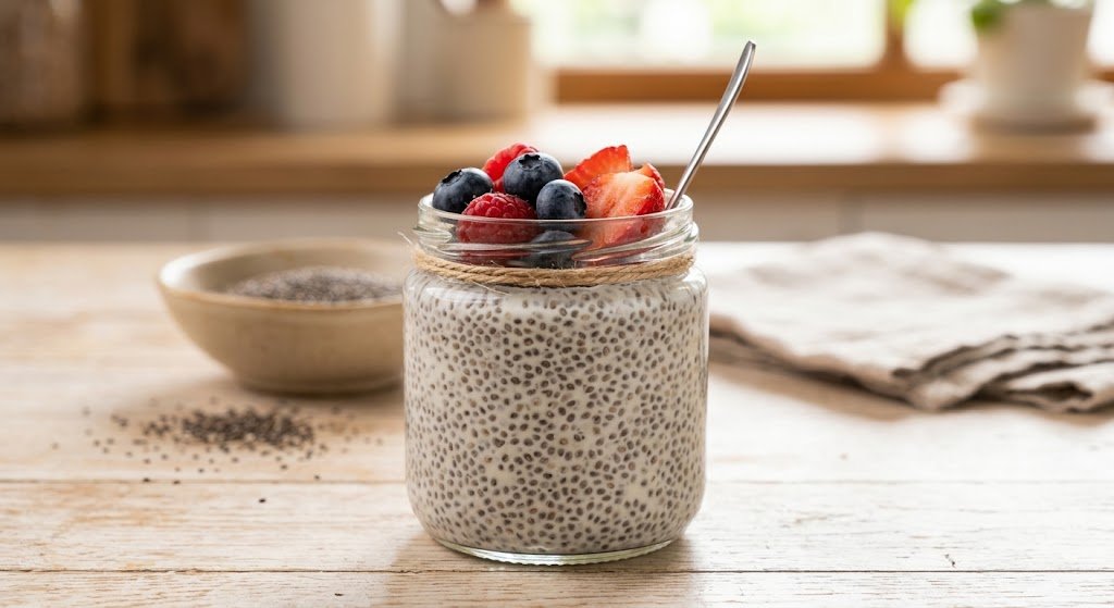 Chia seed pudding layered with fresh fruit
