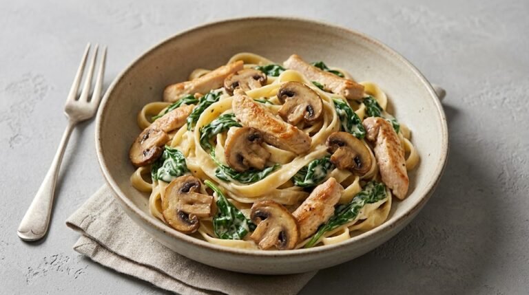 Chicken Florentine Pasta with Spinach and Mushrooms 1 image of chicken florentine pasta with spinach and browned mushrooms