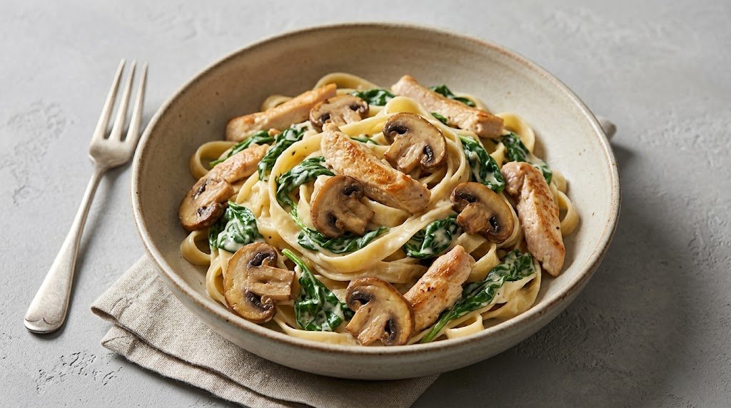 Chicken Florentine Pasta with Spinach and Mushrooms