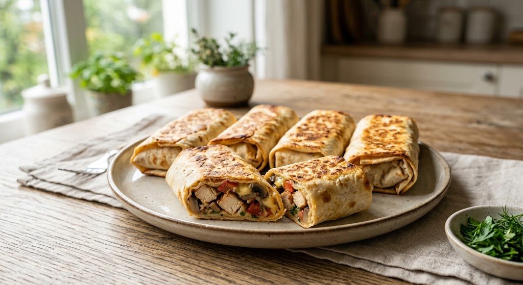 Toasted lavash rolls filled with chicken mushrooms cheese
