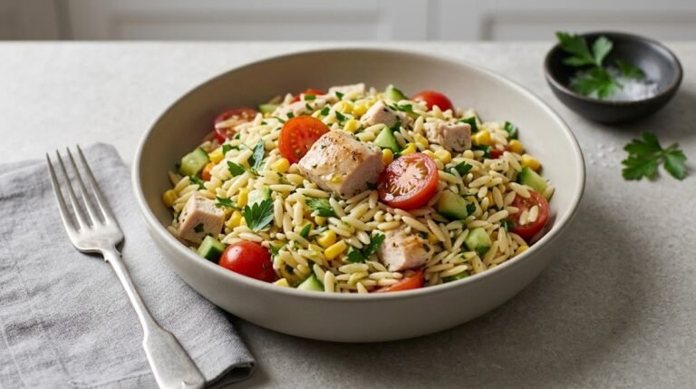 image of chicken pasta salad with orzo and fresh lemon dressing