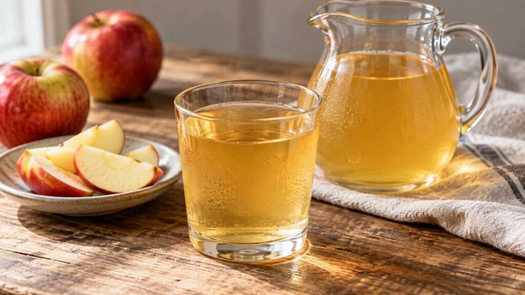 Clear golden apple drink served chilled beside freshly sliced apples