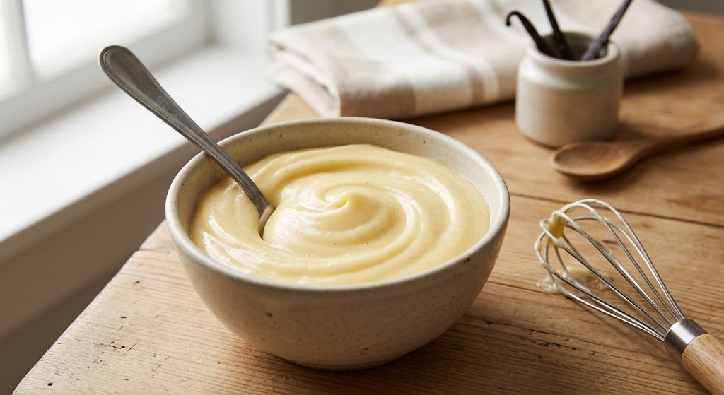 Silky vanilla pastry cream in a small bowl