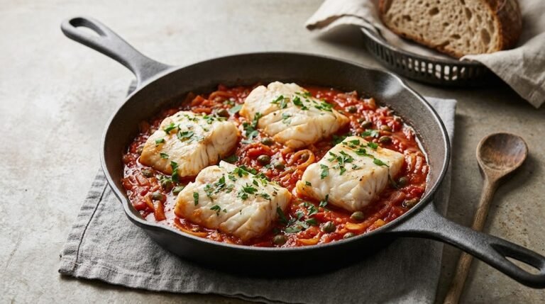image of cod in tomato sauce with garlic and briny capers