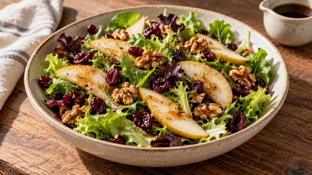 Mixed greens with pear slices dried cranberries and toasted walnut pieces