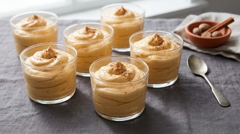 Pumpkin Mousse with Cream Cheese and Cinnamon 1 image of creamy pumpkin mousse cups with cinnamon and nutmeg