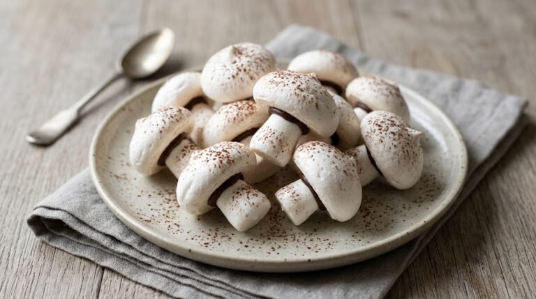 image of crisp meringue mushrooms with chocolate and cocoa details