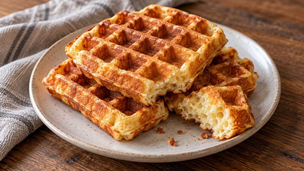Golden Belgian waffles with deep pockets and crisp lightly browned edges