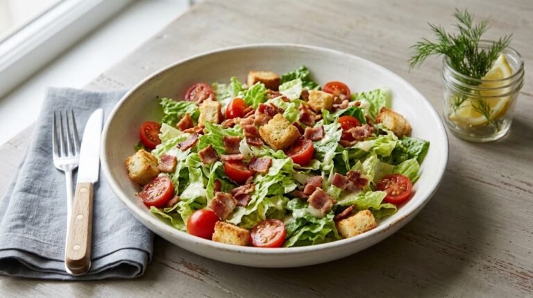BLT Salad with Crisp Bacon and Creamy Dressing 1 image of crunchy blt salad with bacon and creamy lemon dressing