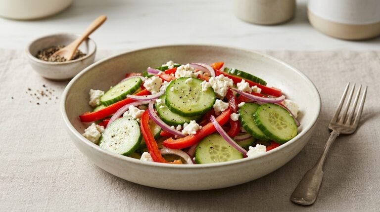 Cucumber Feta Salad with Lemon-Balsamic Dressing 1 image of cucumber feta salad with pepper and red onion