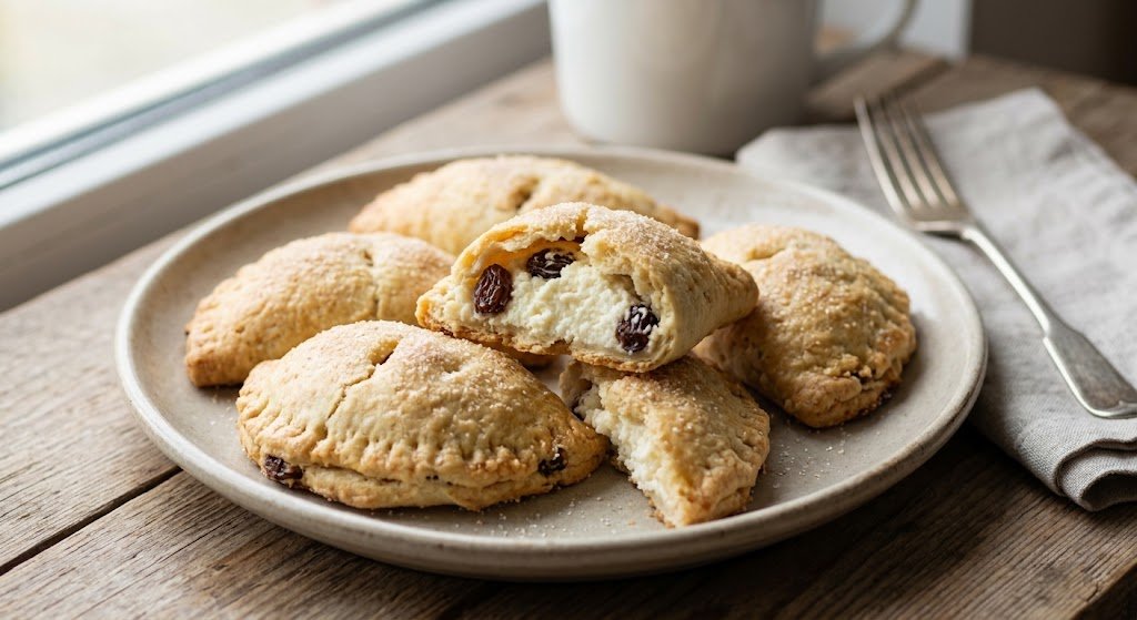 Golden cottage cheese pastries filled with raisins