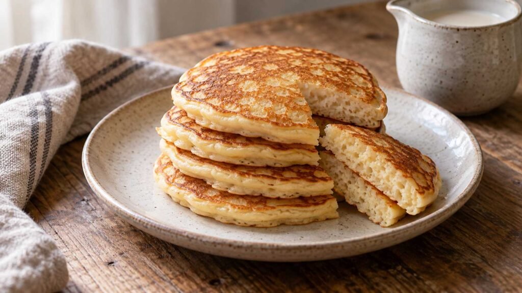 Small golden vegan pancakes stacked neatly with tender evenly cooked centers