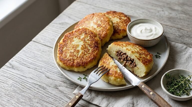 image of filled mashed potato pancakes with a tender beef centre