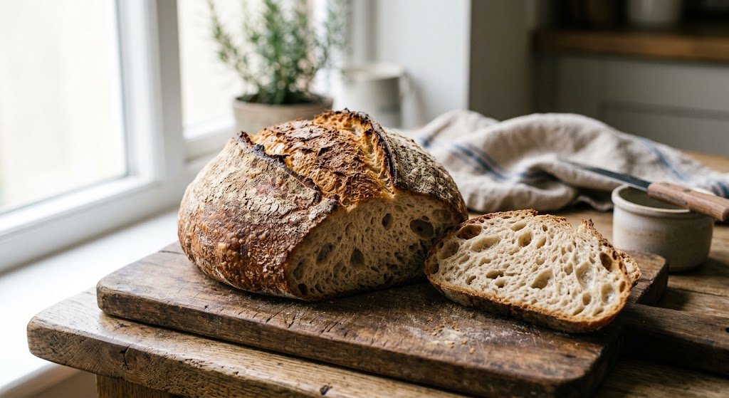 Rustic yeast loaf with a crisp golden crust