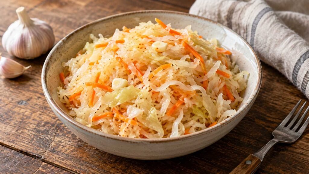 Shredded sauerkraut with fine carrot threads and garlic in a bowl