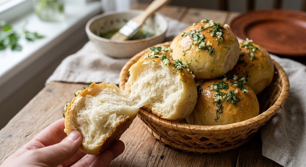 Soft golden Ukrainian rolls brushed with garlic herbs