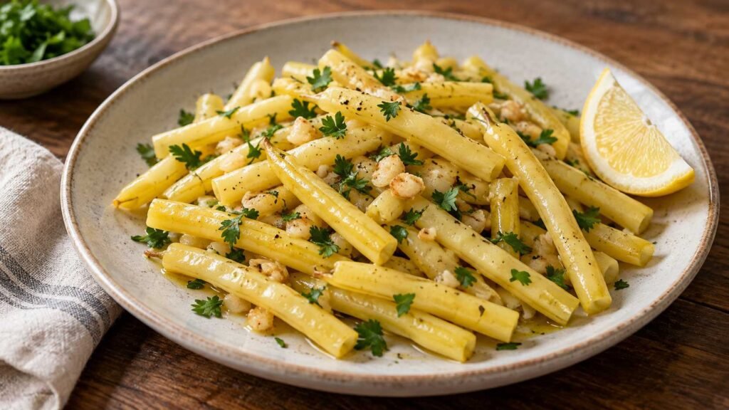 Tender yellow wax beans with garlic parsley and a light oil sheen