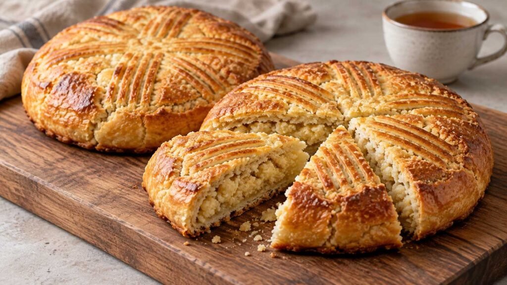 Golden Armenian gata wedges revealing buttery crumb filling