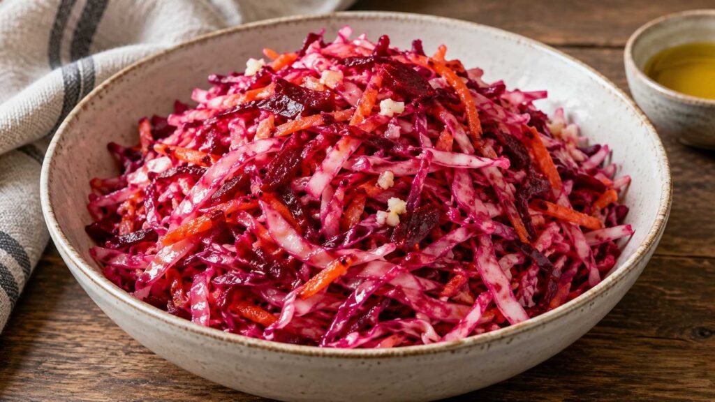 Finely shredded pink cabbage salad with grated beet carrot and garlic