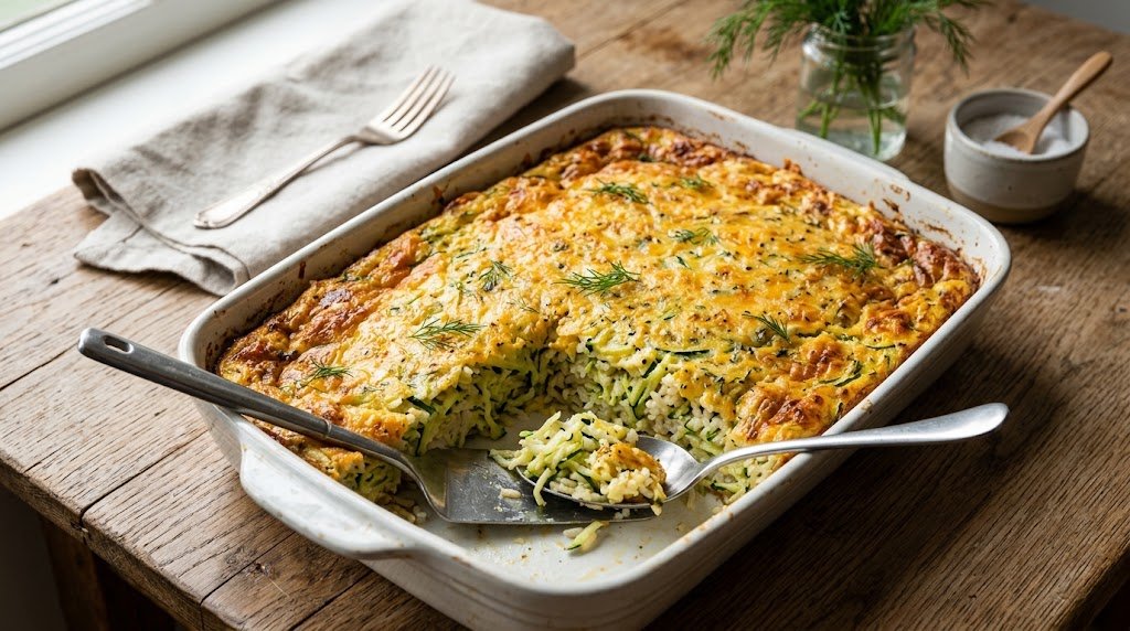 Cheesy Zucchini Casserole with Rice and Dill