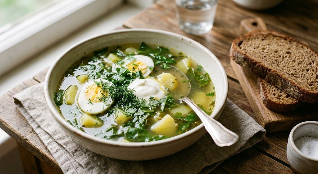 Bright green sorrel borscht with egg and herbs