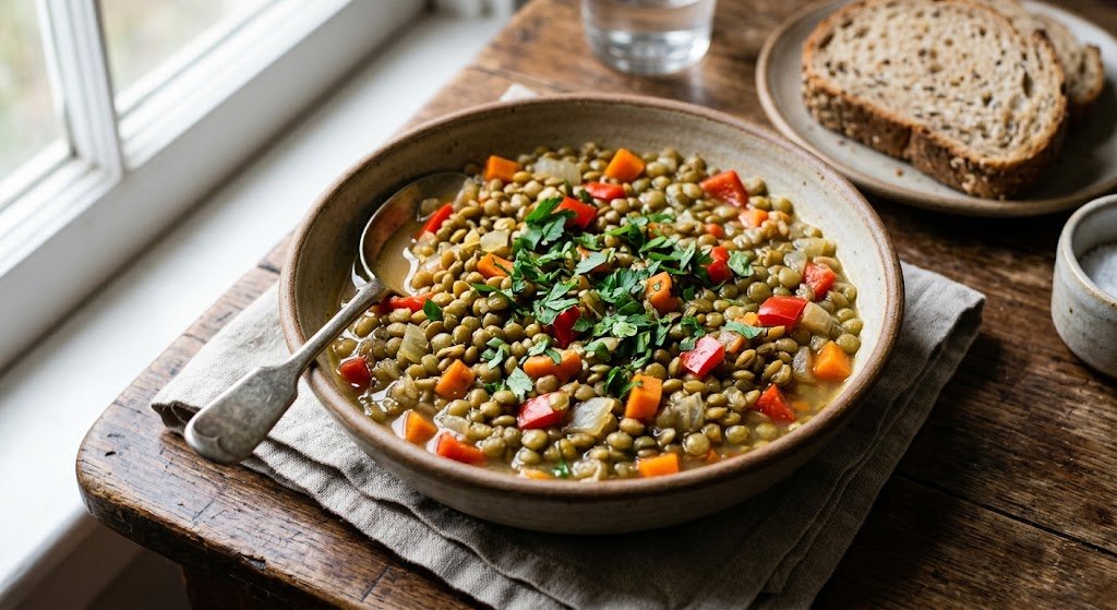 Green lentils simmered with carrots peppers and herbs