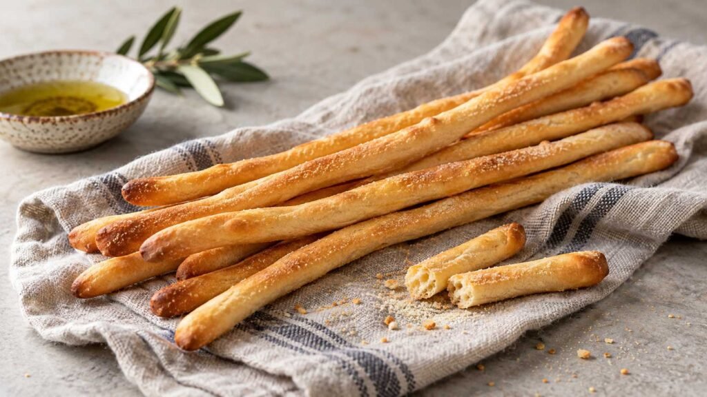 Thin golden Italian grissini breadsticks on a linen cloth