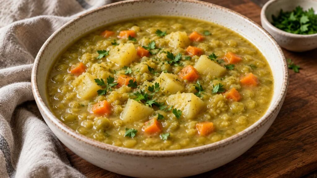 Thick split pea soup with potatoes carrots and parsley in a bowl