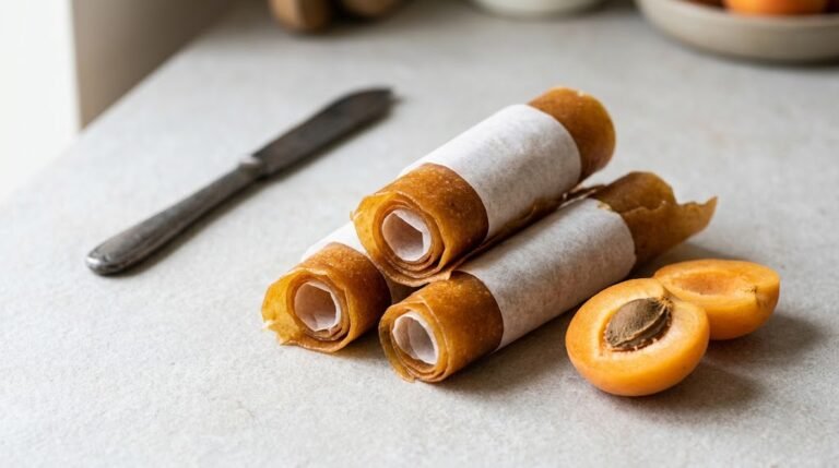 Apricot Fruit Leather Made in a Dehydrator 2 image of homemade apricot fruit leather in soft amber rolls