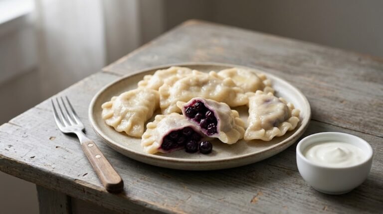 image of homemade blueberry pierogi with tender crescent shaped dough