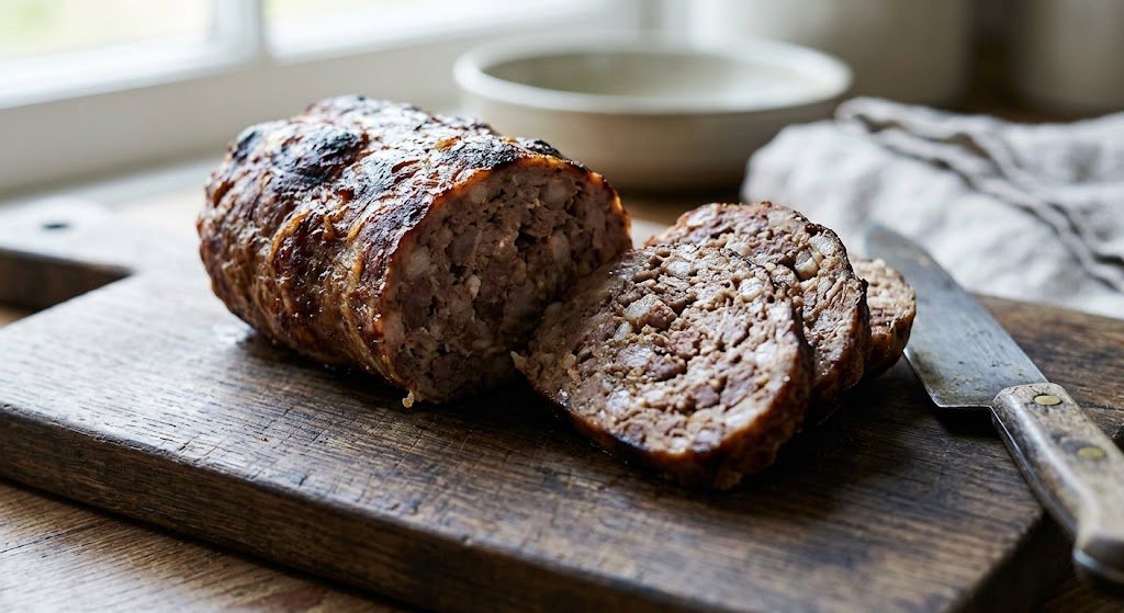 Rustic homemade sausage sliced to reveal its texture