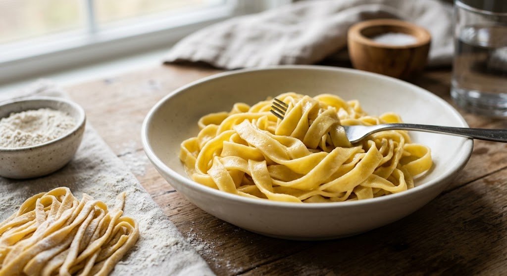 Fresh egg noodles cut into tender golden ribbons