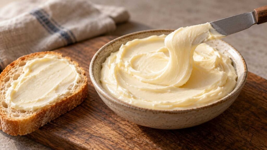Smooth ivory farmer cheese spread lifted gently with a butter knife