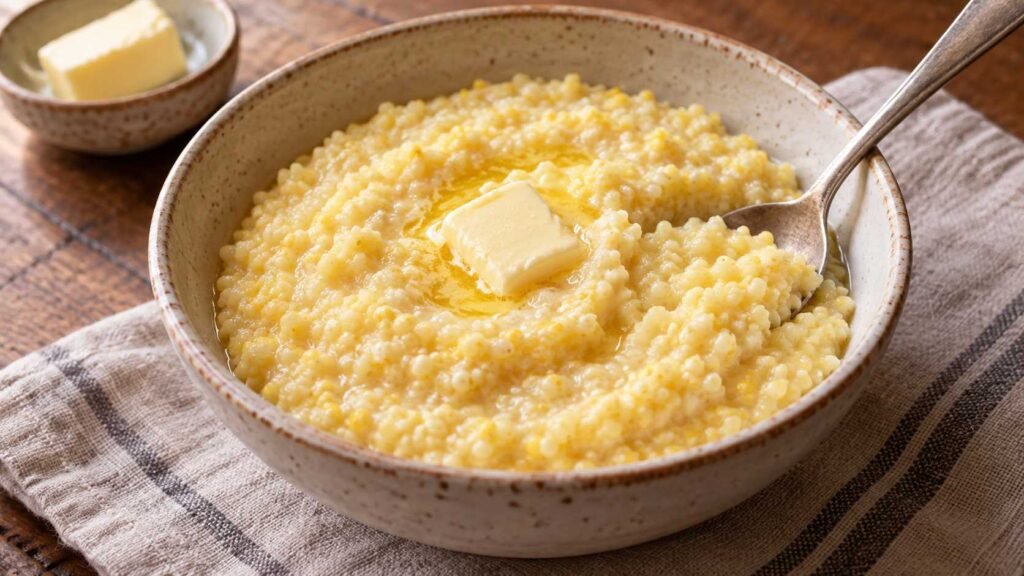 Creamy millet porridge with softened grains and butter in a bowl