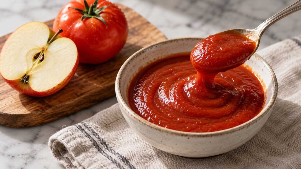 Smooth apple tomato ketchup forming soft spoon ridges in a bowl
