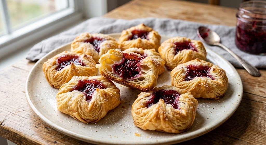 Golden puff pastry bites filled with fruit jam