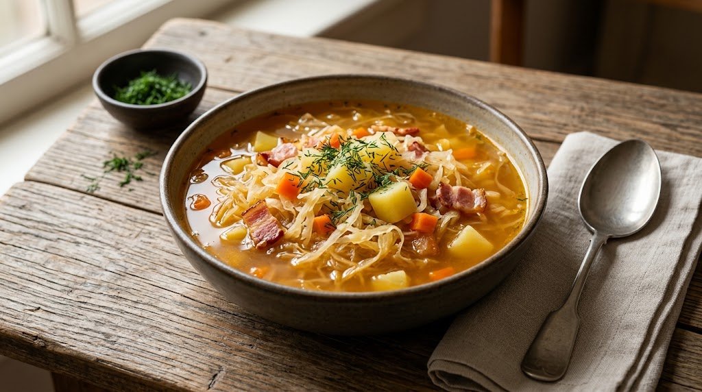 Kapustnyak Sauerkraut Soup with Potatoes and Bacon