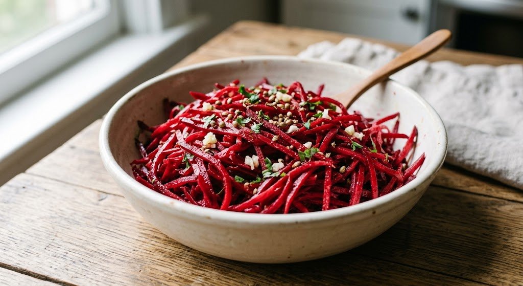 Shredded Korean-style beets with garlic and spices