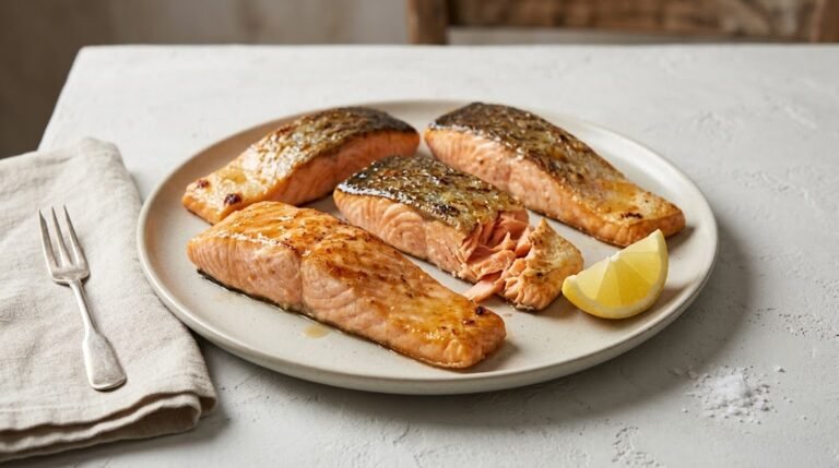 image of maple glazed grilled salmon with mustard and lemon