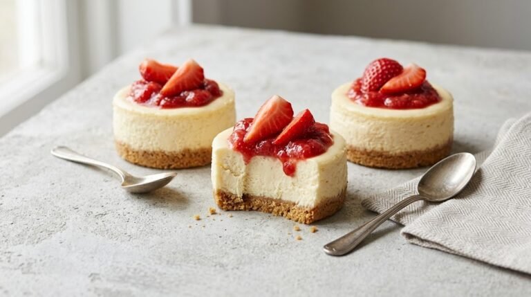 image of mini strawberry cheesecakes with fresh strawberry sauce