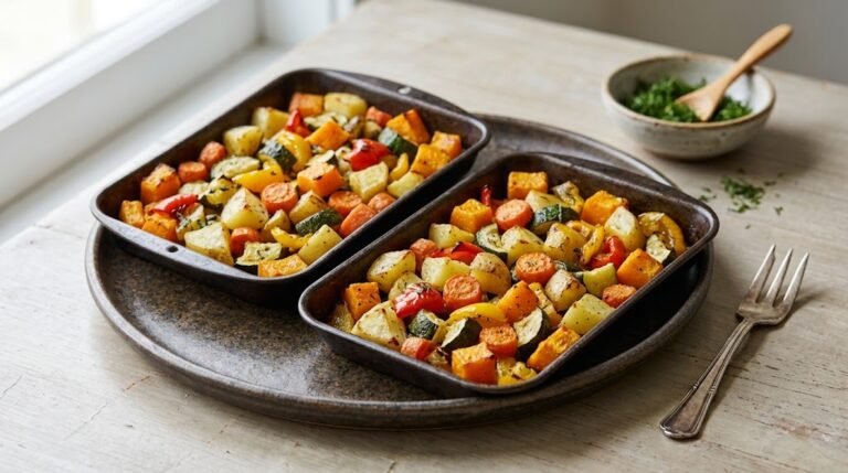 Roasted Vegetables with Squash, Potatoes and Peppers 1 image of mixed roasted vegetables with squash potatoes and peppers