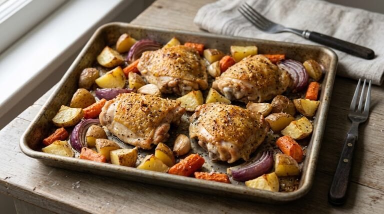 image of one pan garlic chicken with roasted root vegetables
