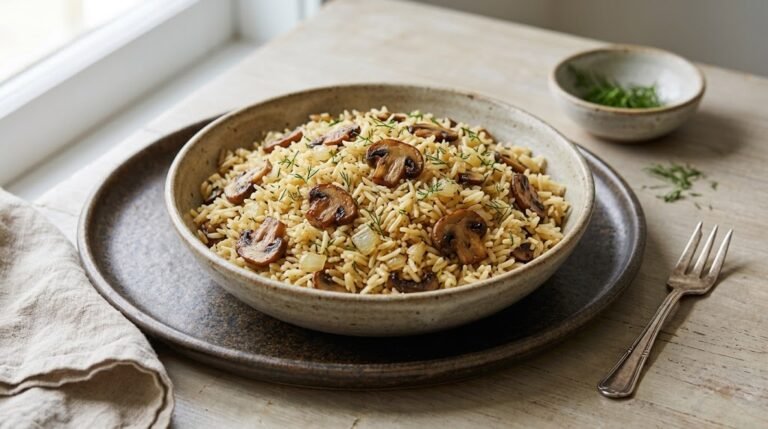 image of one pot mushroom rice pilaf with garlic and dill
