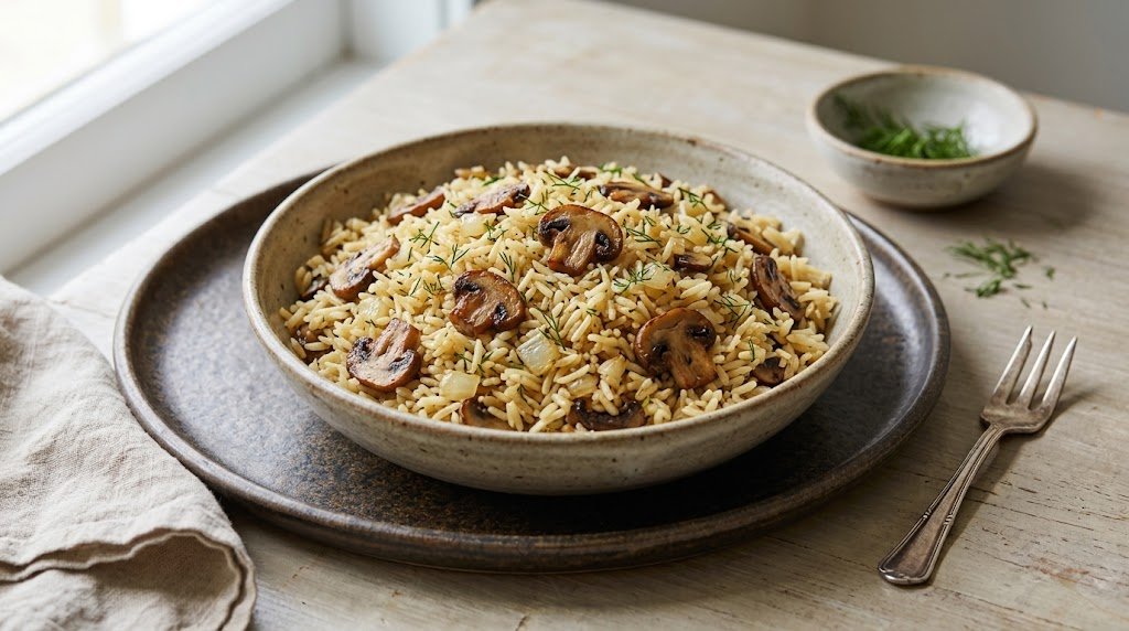 One Pot Mushroom Rice Pilaf with Garlic and Dill