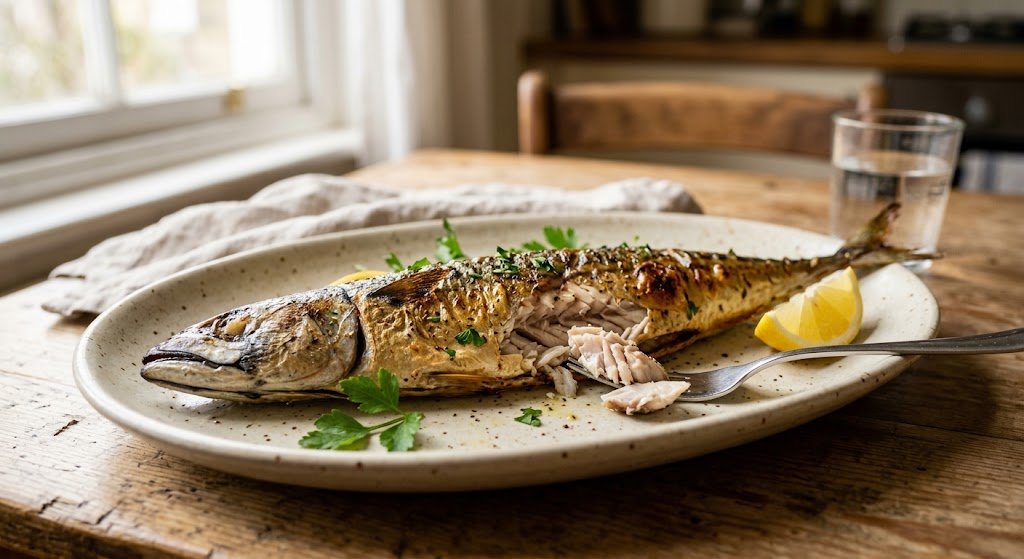 Golden oven-baked mackerel with tender flaky flesh