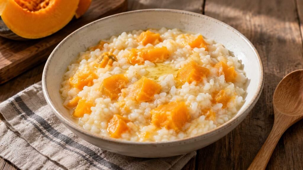 Creamy rice porridge with soft orange pumpkin pieces in a bowl